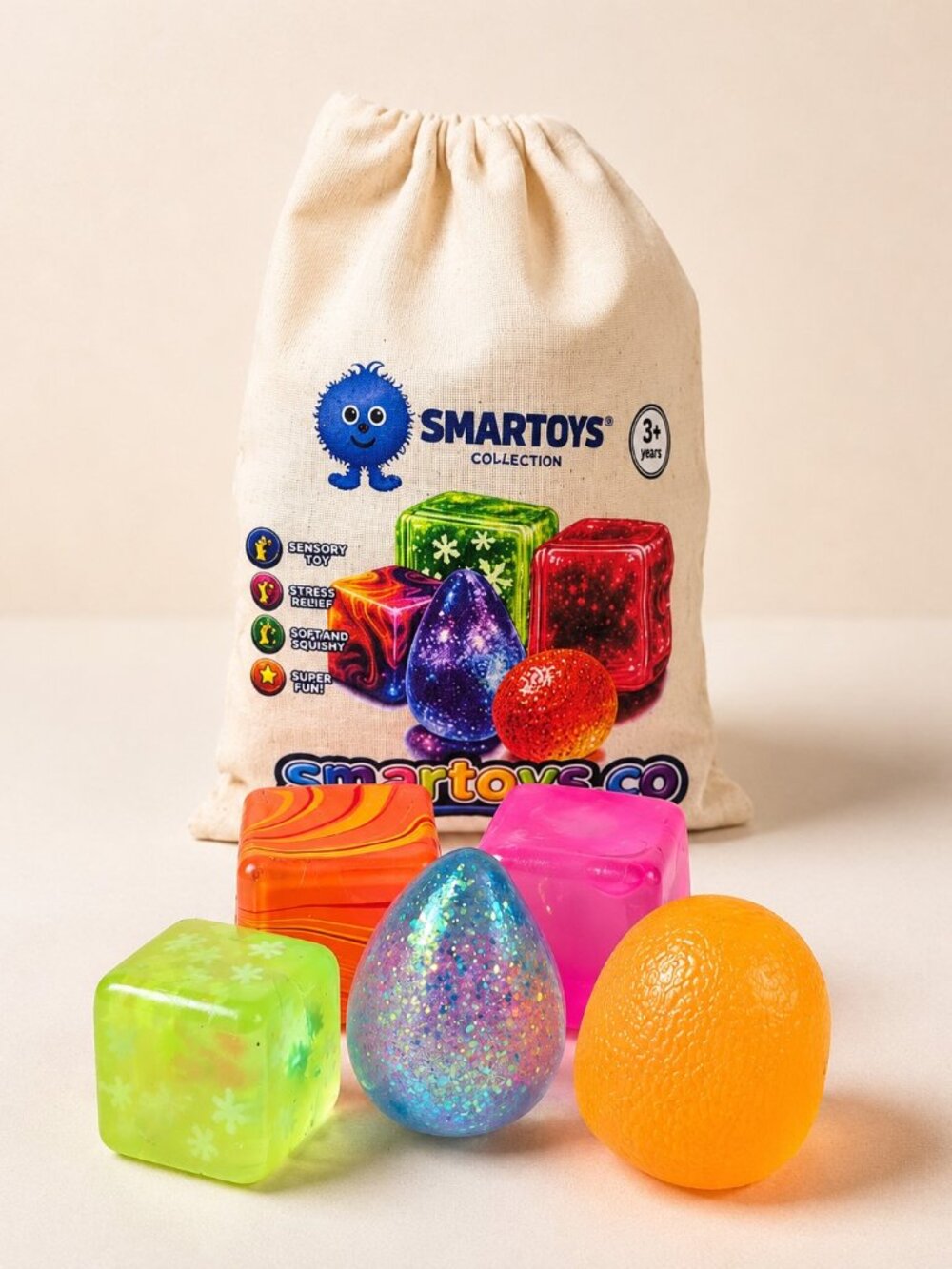 Smartoys Mini Sensory Squishy Toy Set with Storage Bag, Ages 3+, 5-Piece Random